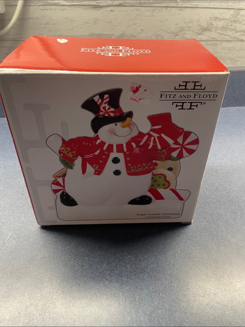 Fitz and Floyd Red and White Snowman Figurine with Black Hat napkin holder